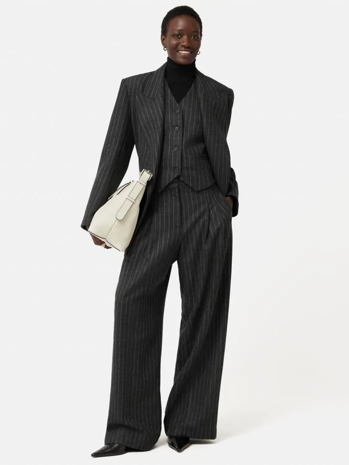 Jigsaw Tatton Italian Wool Pinstripe Blazer Grey Women Coats and Jackets