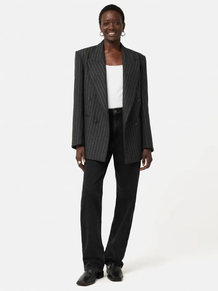 Jigsaw Tatton Italian Wool Pinstripe Blazer Grey Women Coats and Jackets