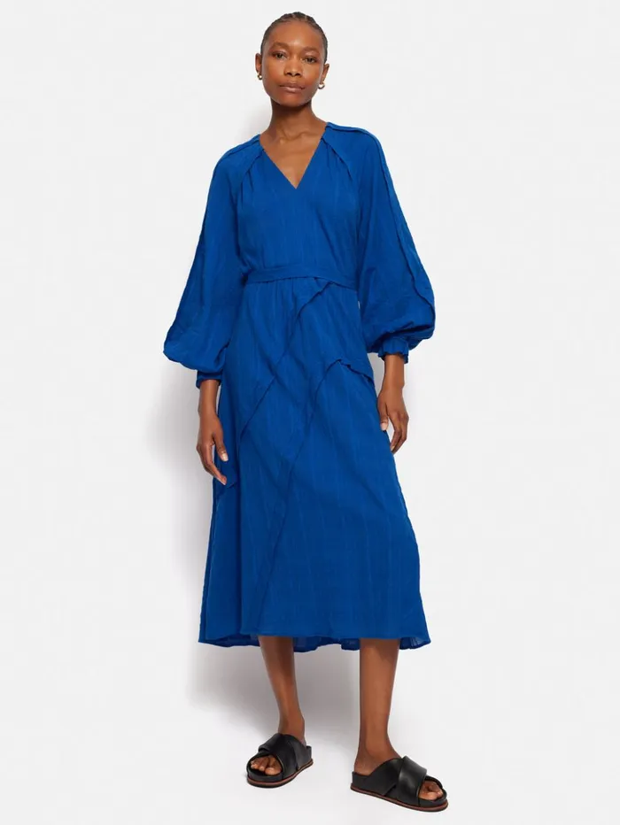 Jigsaw Textured Cotton Belted Dress Blue Women Dresses and Jumpsuits