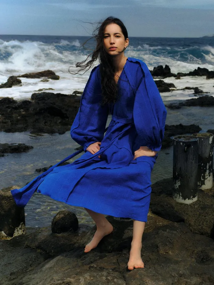 Jigsaw Textured Cotton Belted Dress Blue Women Dresses and Jumpsuits