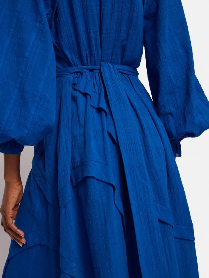 Jigsaw Textured Cotton Belted Dress Blue Women Dresses and Jumpsuits