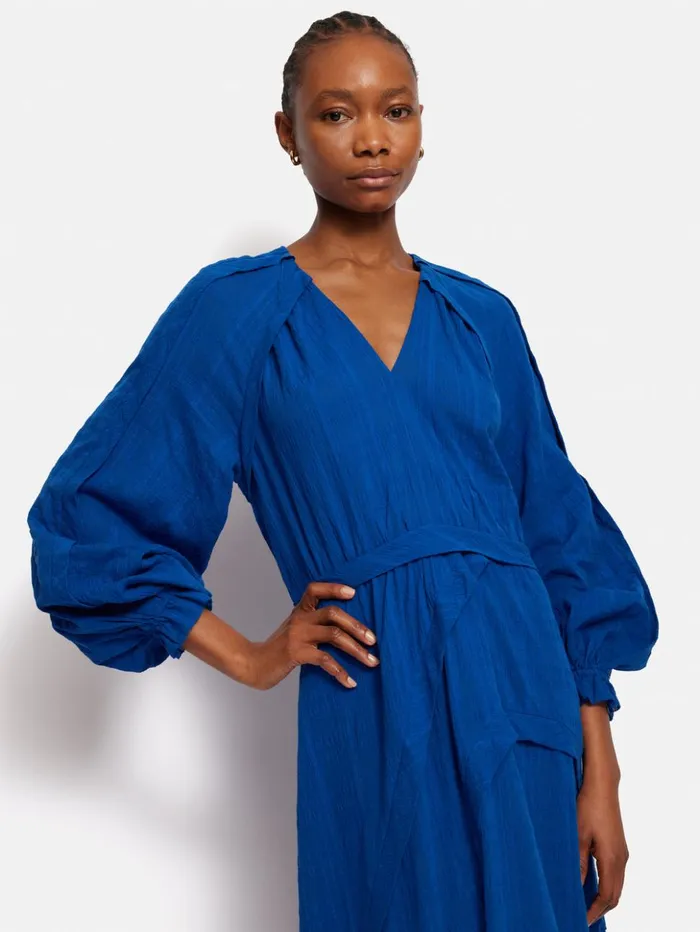 Jigsaw Textured Cotton Belted Dress Blue Women Dresses and Jumpsuits