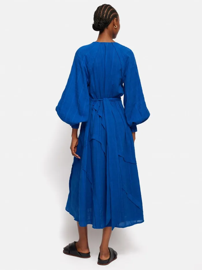 Jigsaw Textured Cotton Belted Dress Blue Women Dresses and Jumpsuits