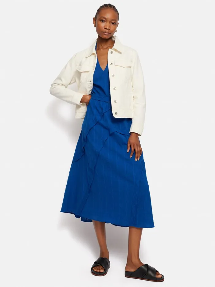 Jigsaw Textured Cotton Belted Dress Blue Women Dresses and Jumpsuits