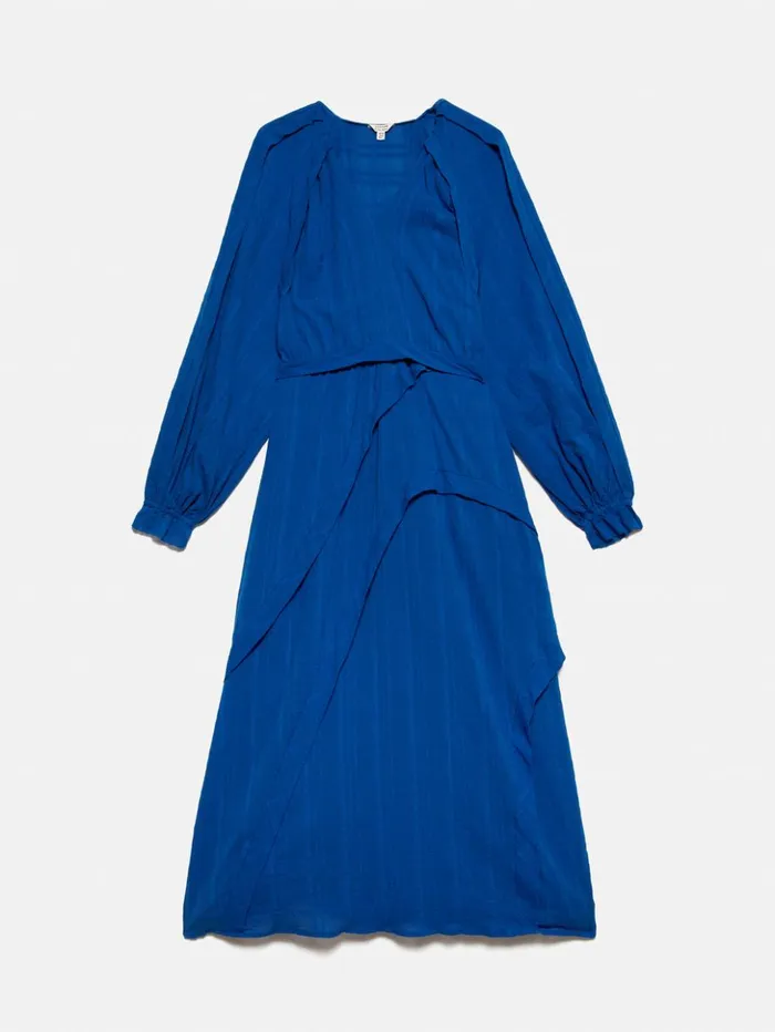 Jigsaw Textured Cotton Belted Dress Blue Women Dresses and Jumpsuits