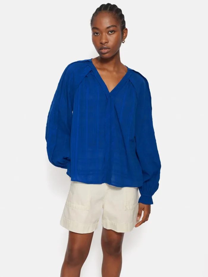 Jigsaw Textured Cotton V Neck Top Blue Women Shirts and Tops