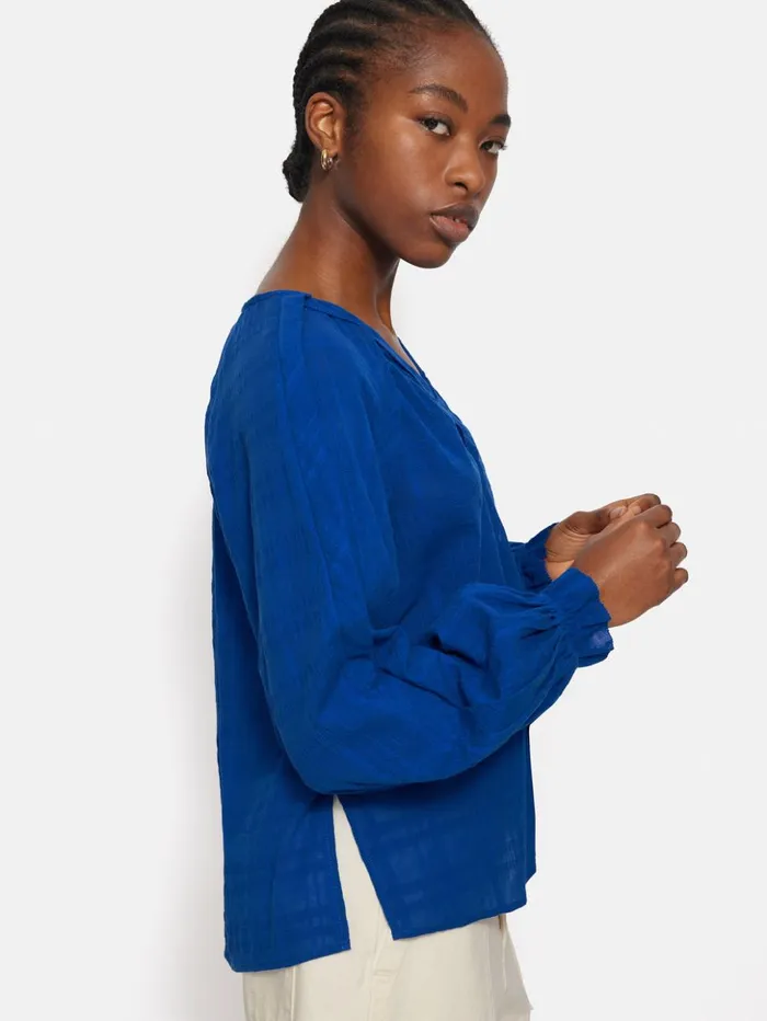 Jigsaw Textured Cotton V Neck Top Blue Women Shirts and Tops