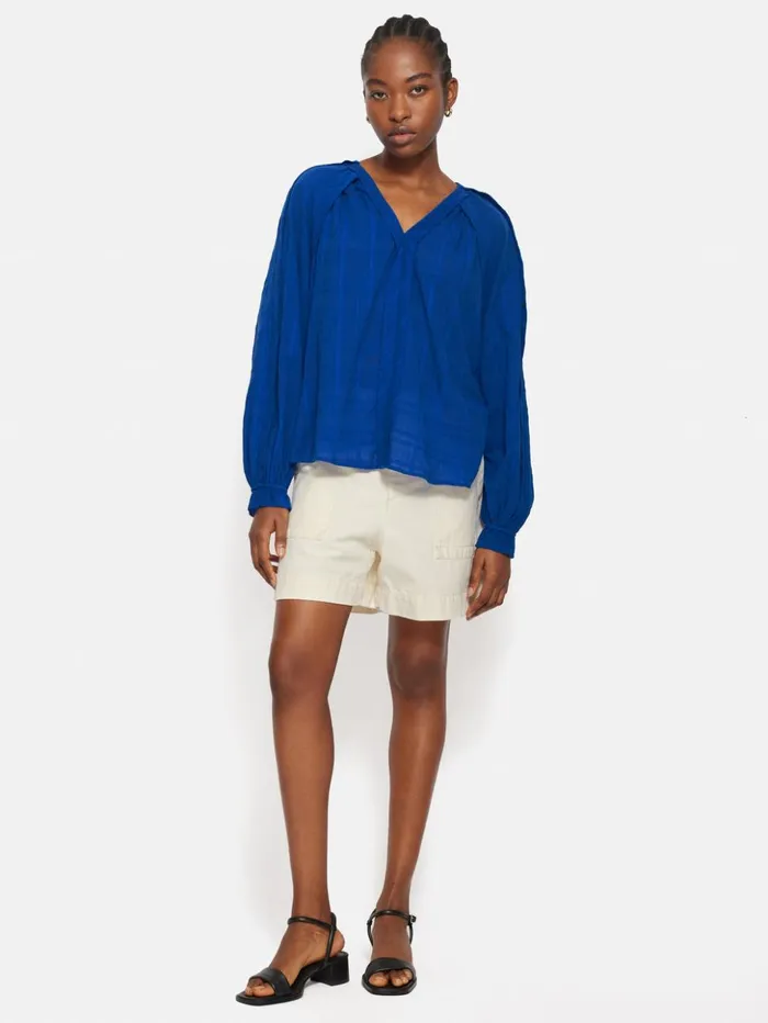 Jigsaw Textured Cotton V Neck Top Blue Women Shirts and Tops