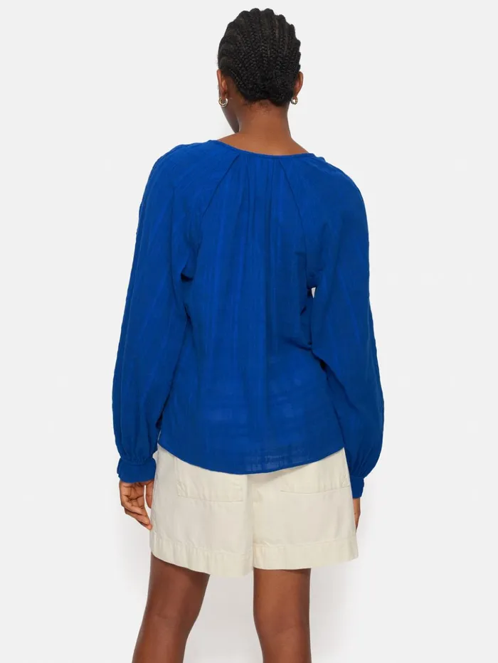 Jigsaw Textured Cotton V Neck Top Blue Women Shirts and Tops