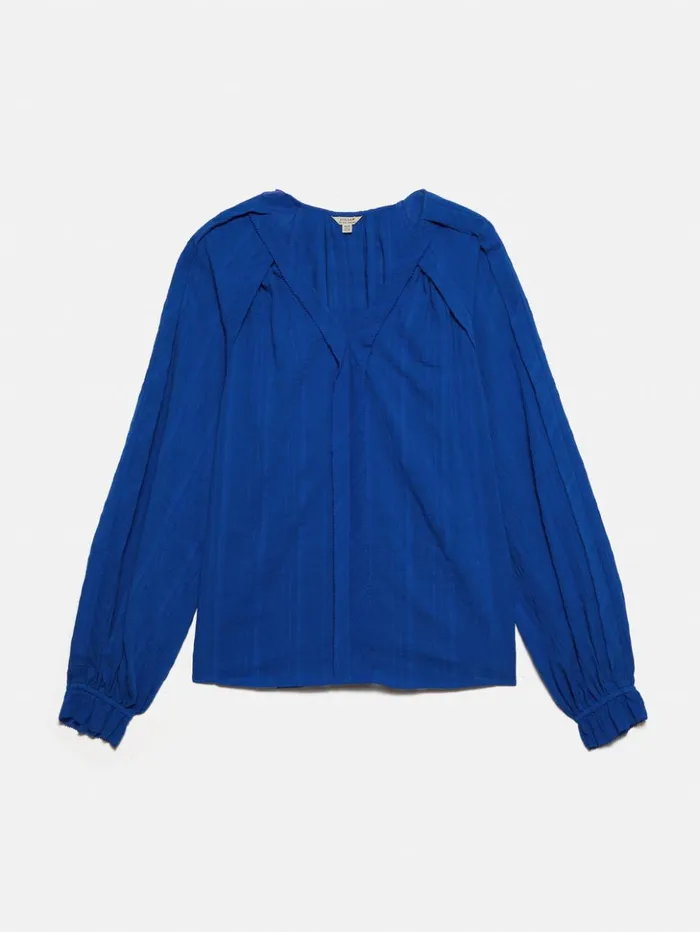 Jigsaw Textured Cotton V Neck Top Blue Women Shirts and Tops