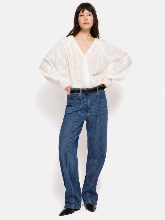 Jigsaw Textured Cotton V Neck Top White Women Shirts and Tops