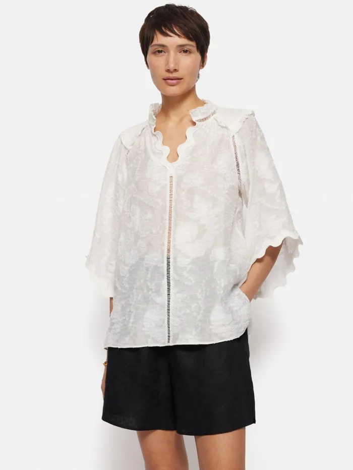 Jigsaw Textured Jacquard Frill Top White Women Shirts and Tops