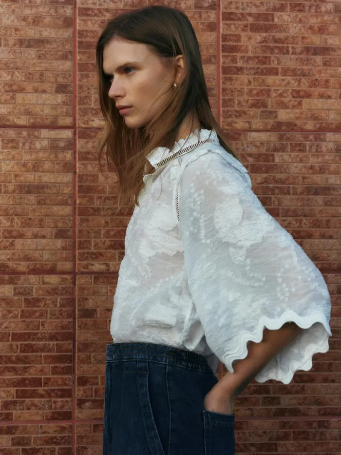 Jigsaw Textured Jacquard Frill Top White Women Shirts and Tops