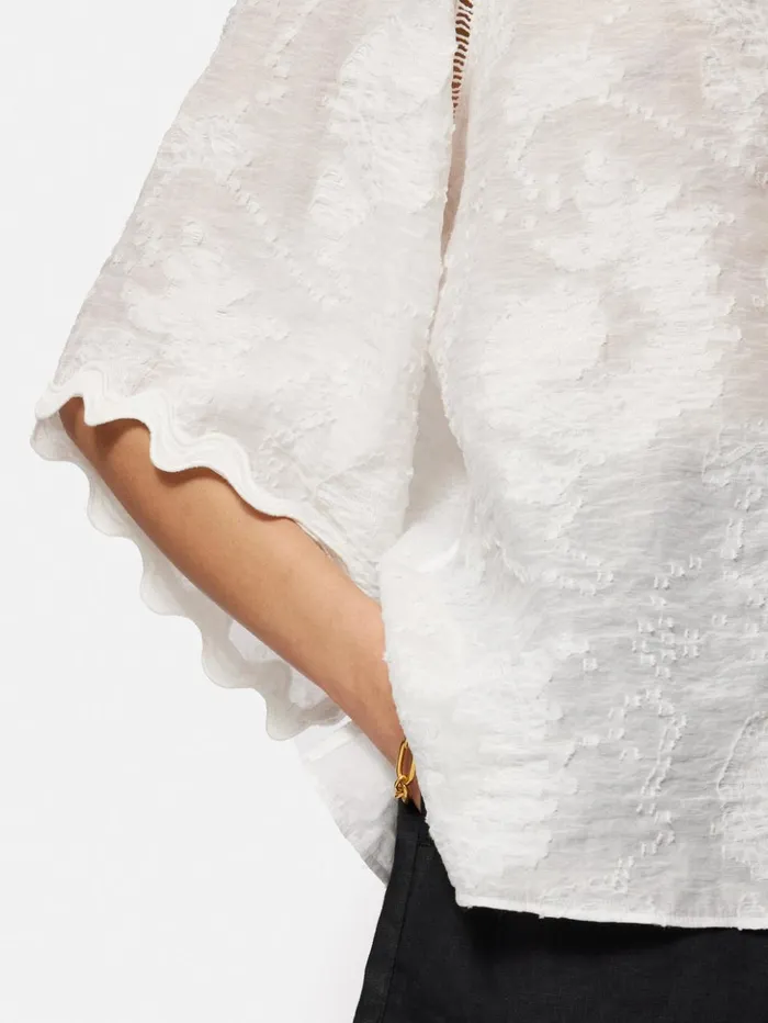 Jigsaw Textured Jacquard Frill Top White Women Shirts and Tops