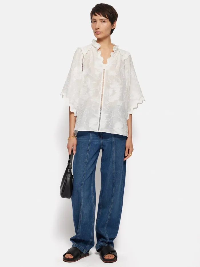 Jigsaw Textured Jacquard Frill Top White Women Shirts and Tops