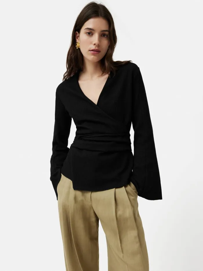 Jigsaw Textured Jersey Wrap Top Black Women Shirts and Tops