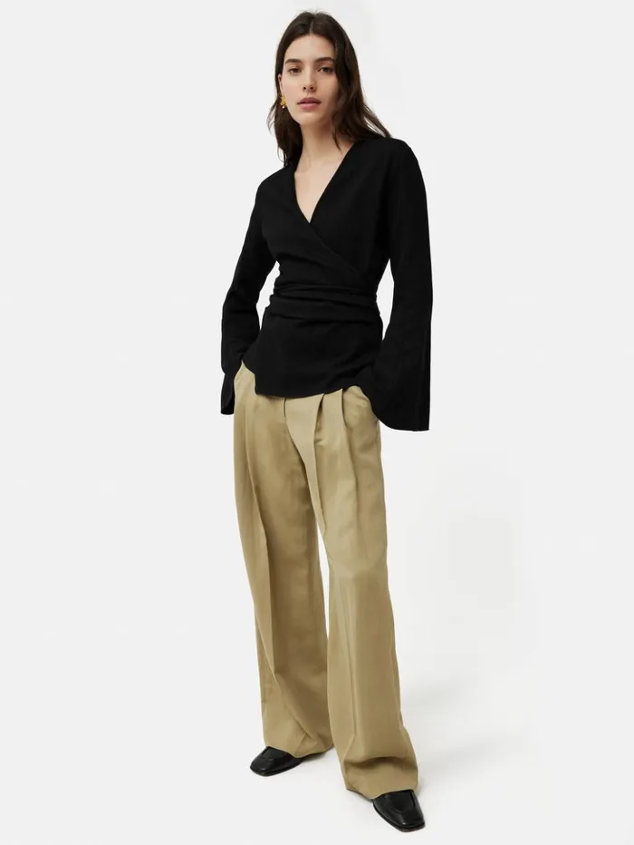 Jigsaw Textured Jersey Wrap Top Black Women Shirts and Tops