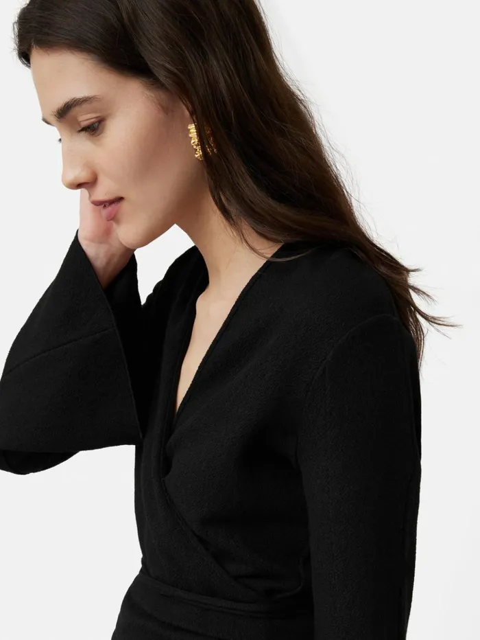 Jigsaw Textured Jersey Wrap Top Black Women Shirts and Tops