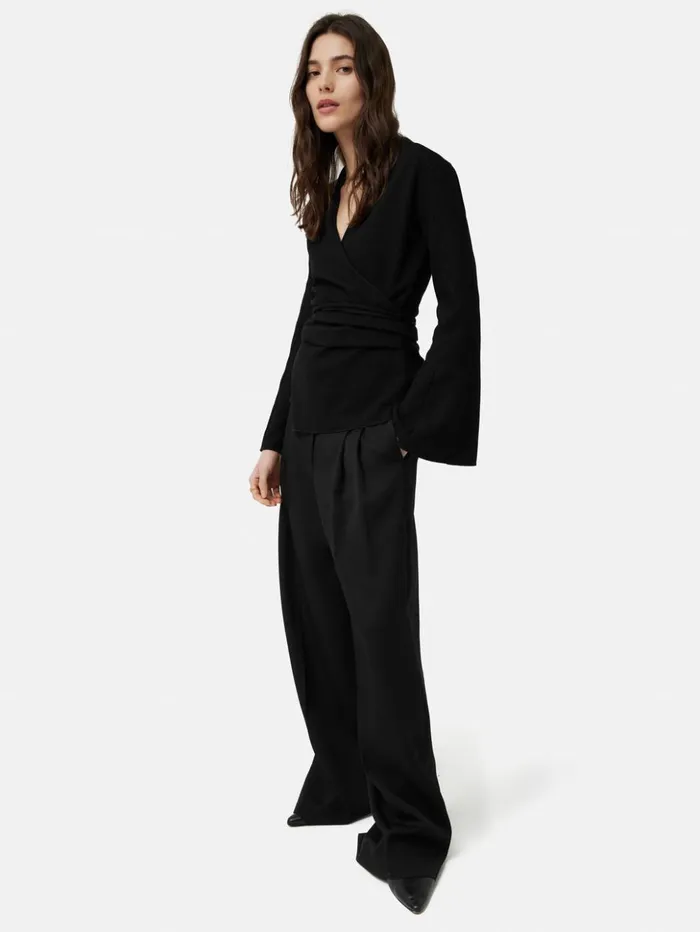Jigsaw Textured Jersey Wrap Top Black Women Shirts and Tops
