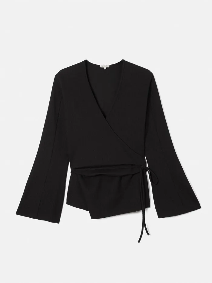 Jigsaw Textured Jersey Wrap Top Black Women Shirts and Tops