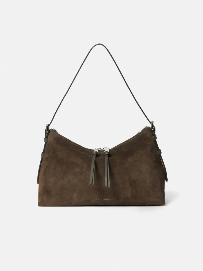 Jigsaw Trafalgar Suede Shoulder Bag Khaki Women Leather