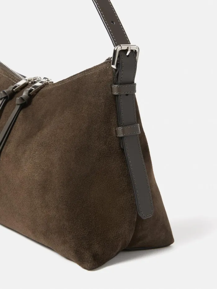 Jigsaw Trafalgar Suede Shoulder Bag Khaki Women Leather