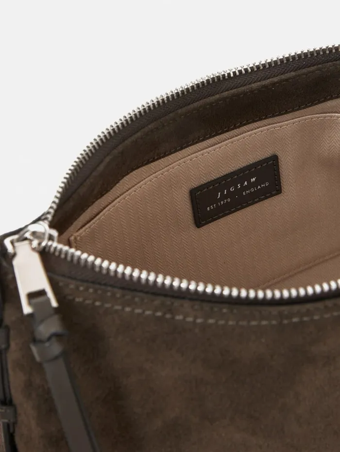 Jigsaw Trafalgar Suede Shoulder Bag Khaki Women Leather