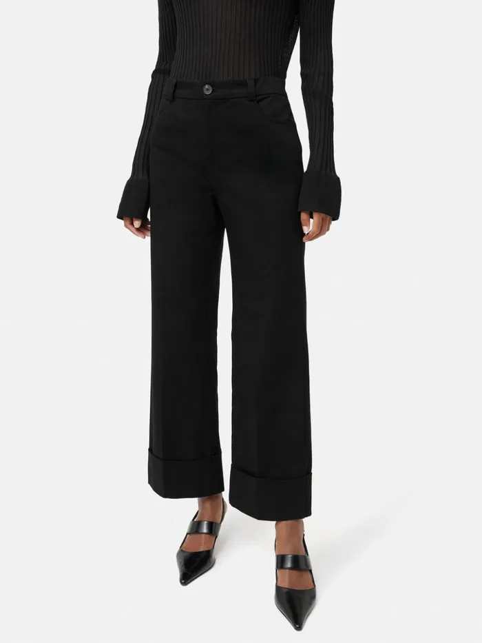 Jigsaw Turn Up Cotton Drill Trouser Black Women Trousers