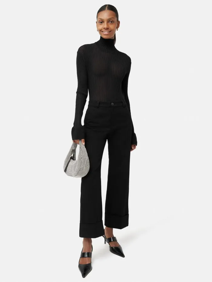 Jigsaw Turn Up Cotton Drill Trouser Black Women Trousers