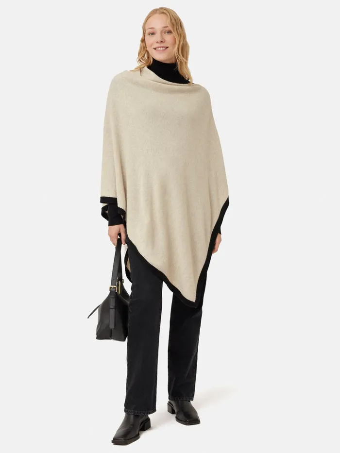 Jigsaw Wool Cashmere Blend Border Poncho Cream Women Ponchos and Scarves
