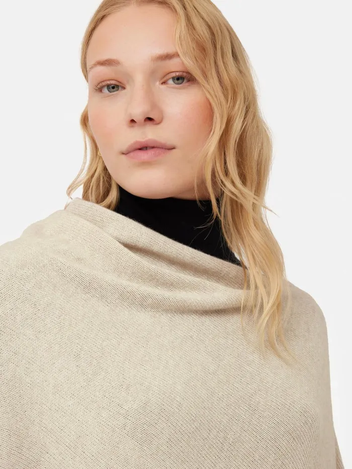 Jigsaw Wool Cashmere Blend Border Poncho Cream Women Ponchos and Scarves