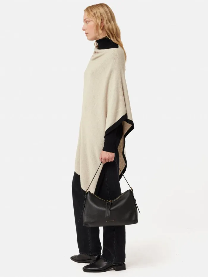 Jigsaw Wool Cashmere Blend Border Poncho Cream Women Ponchos and Scarves