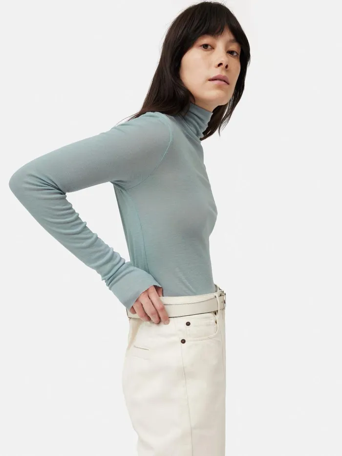Jigsaw Wool Jersey Polo Neck Top Blue Women Shirts and Tops