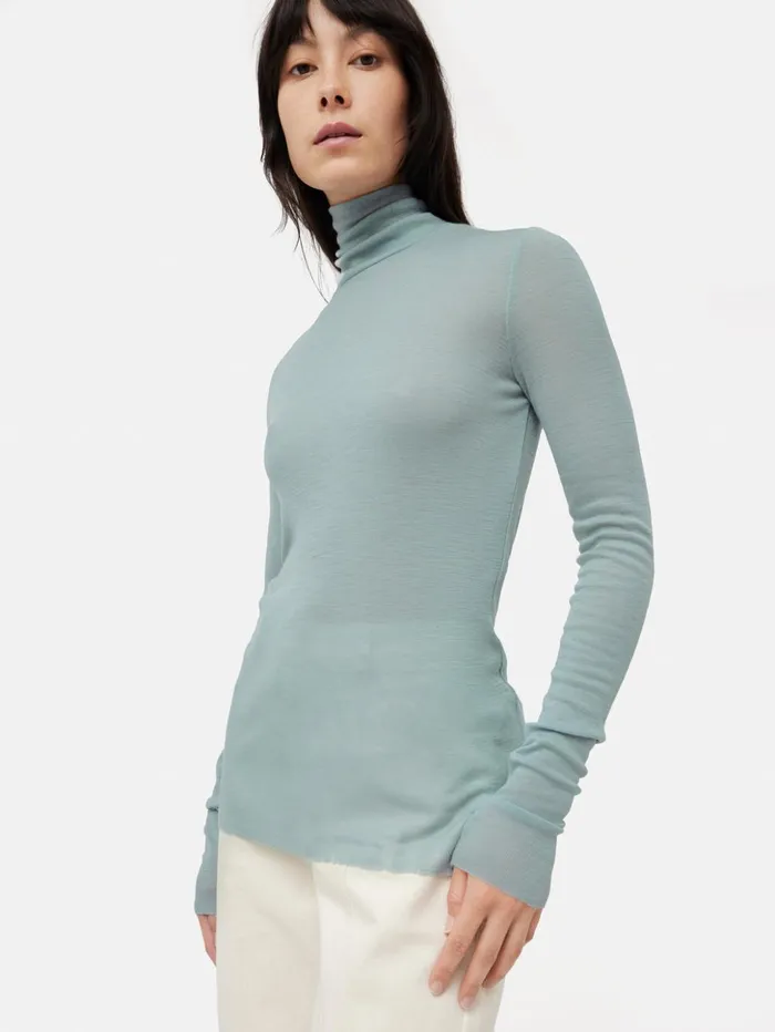 Jigsaw Wool Jersey Polo Neck Top Blue Women Shirts and Tops