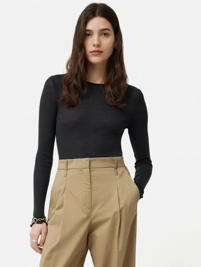 Jigsaw Wool Rib Frill Long Sleeve Top Grey Women Shirts and Tops