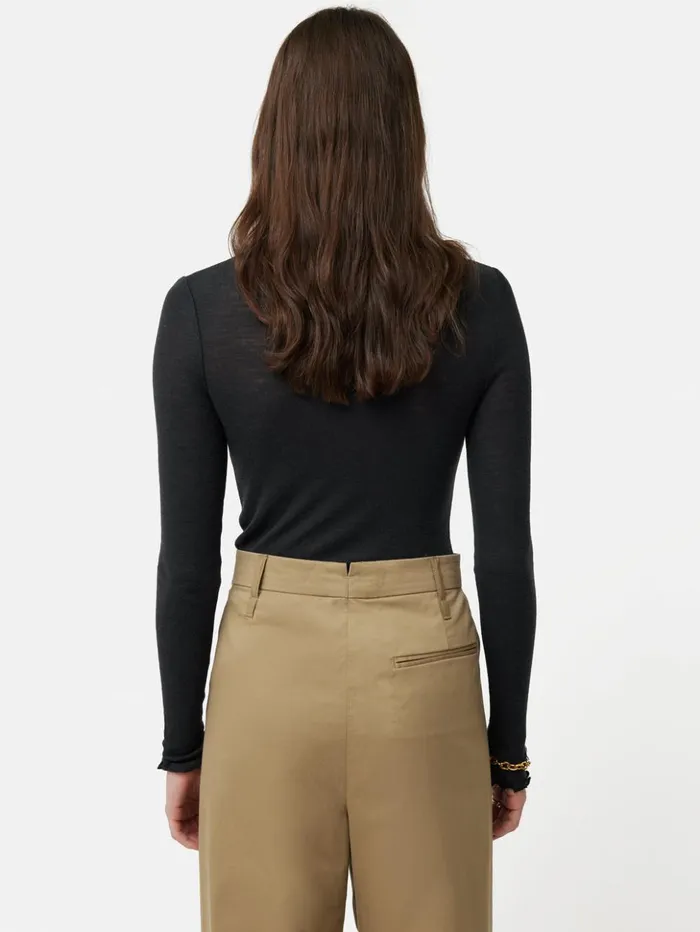 Jigsaw Wool Rib Frill Long Sleeve Top Grey Women Shirts and Tops
