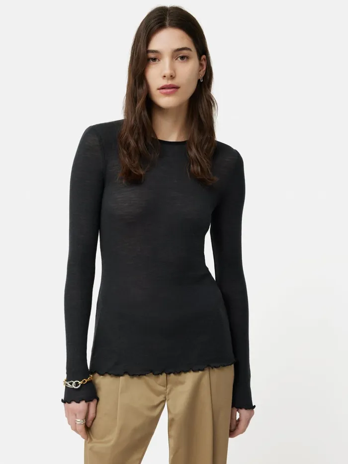 Jigsaw Wool Rib Frill Long Sleeve Top Grey Women Shirts and Tops