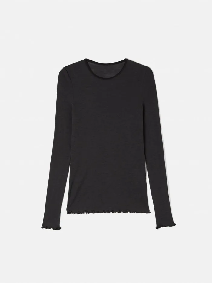 Jigsaw Wool Rib Frill Long Sleeve Top Grey Women Shirts and Tops