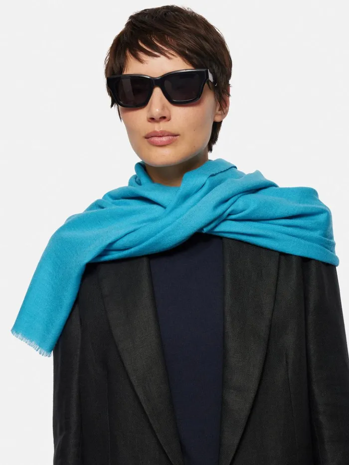 Jigsaw Wool Silk Pashmina Blue Women Ponchos and Scarves