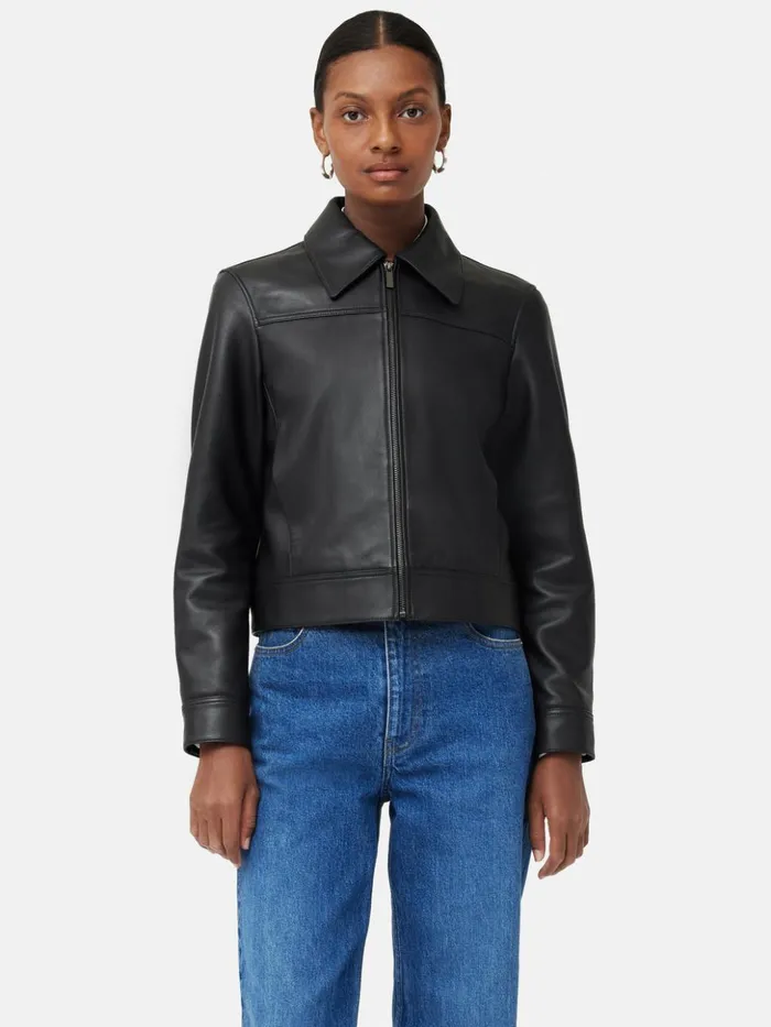 Jigsaw Zip Front Leather Biker Jacket Black Women Coats and Jackets