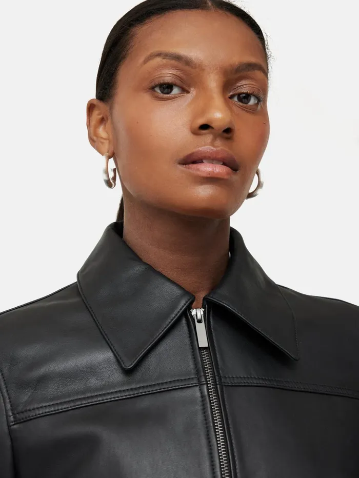 Jigsaw Zip Front Leather Biker Jacket Black Women Coats and Jackets