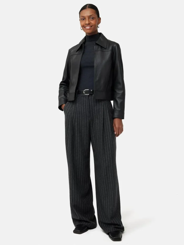 Jigsaw Zip Front Leather Biker Jacket Black Women Coats and Jackets