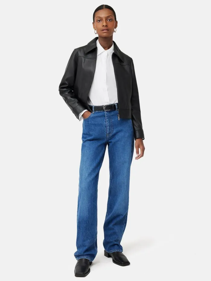 Jigsaw Zip Front Leather Biker Jacket Black Women Coats and Jackets