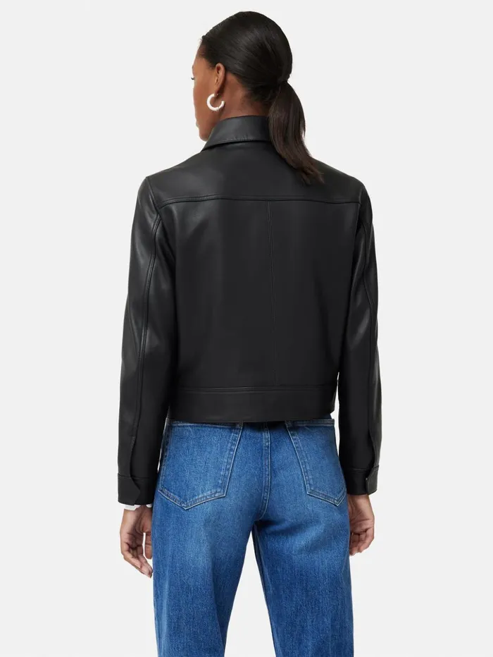 Jigsaw Zip Front Leather Biker Jacket Black Women Coats and Jackets