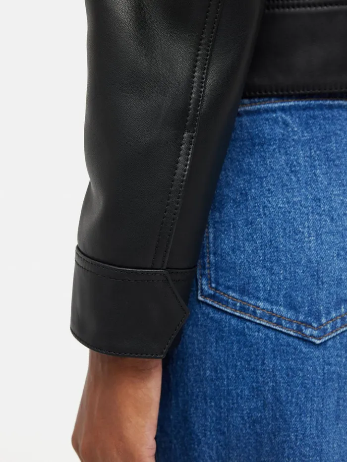 Jigsaw Zip Front Leather Biker Jacket Black Women Coats and Jackets