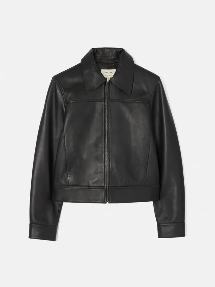 Jigsaw Zip Front Leather Biker Jacket Black Women Coats and Jackets