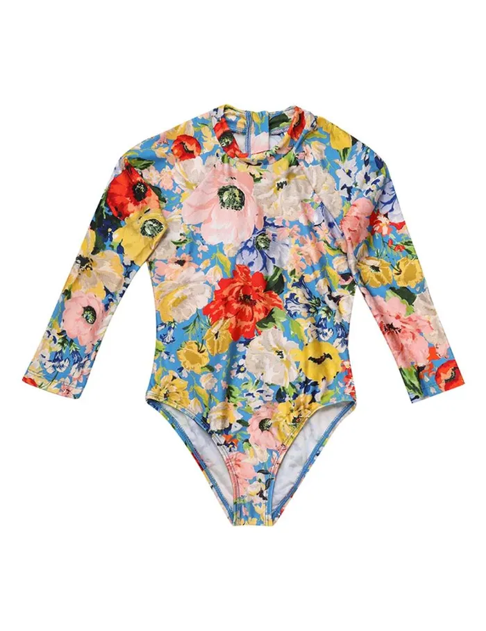 Kids Swimwear Zimmermann Alight Long Sleeve 1PC Blue Floral