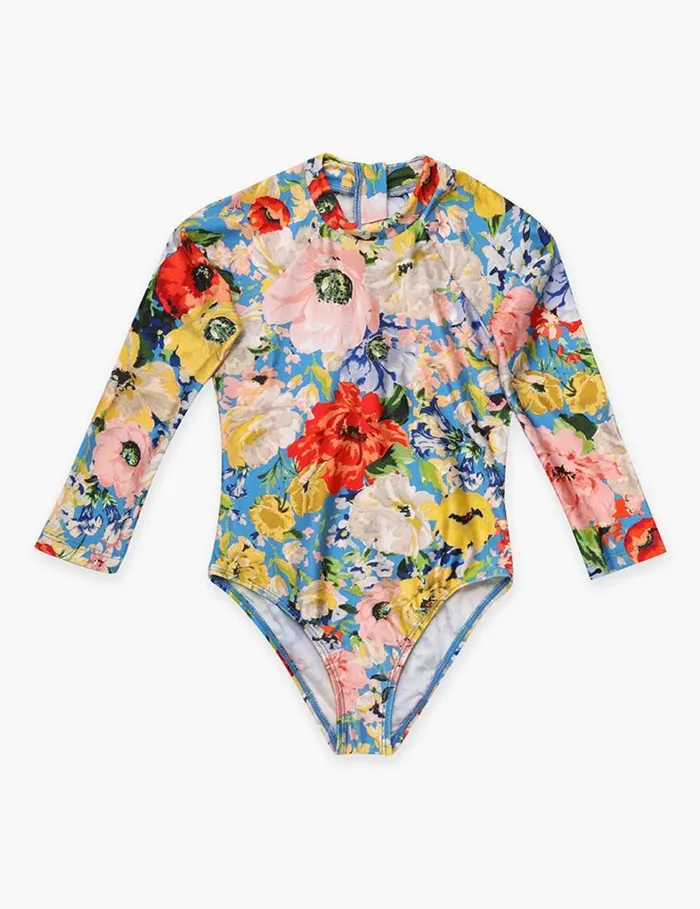 Kids Swimwear Zimmermann Alight Long Sleeve 1PC Blue Floral