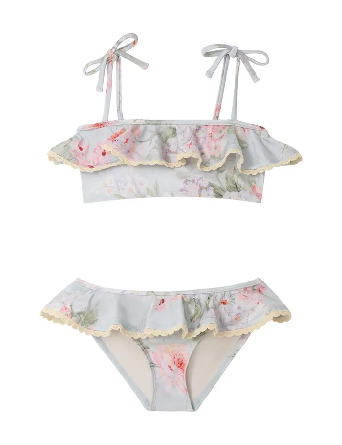 Kids Swimwear Zimmermann Halliday Trim Frill Bikini Blue Watercolour Floral