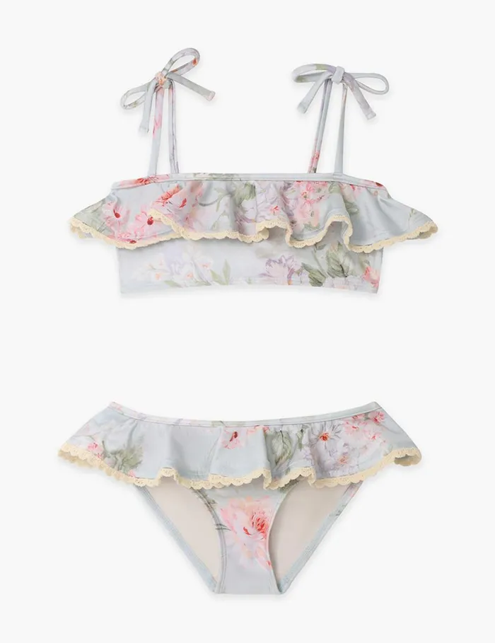 Kids Swimwear Zimmermann Halliday Trim Frill Bikini Blue Watercolour Floral